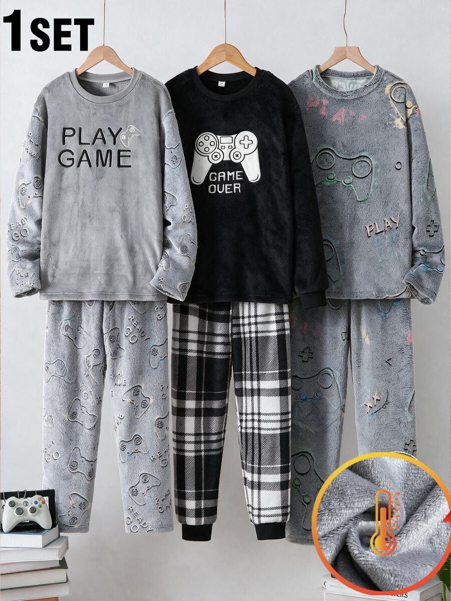 Teen Boys Pajamas Autumn/Winter Flannel Sleepwear Set, Grey Top With Game Controller Embroidery And All-Over Print Game Console Elastic Waist Long Pants, Warm And Comfortable 2 Pieces Set Loungewear, 1 Set - Grey - View 1
