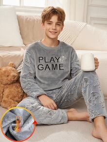 Teen Boys Pajamas Autumn/Winter Flannel Sleepwear Set, Grey Top With Game Controller Embroidery And All-Over Print Game Console Elastic Waist Long Pants, Warm And Comfortable 2 Pieces Set Loungewear, 1 Set - Grey - View 2