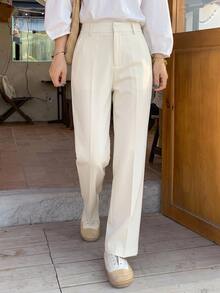 DAZY بنطلون نسائي طويل بقصة مستقيمة وساق واسعة وخصر عالي، لون بيج سادة، قماش منسوج، بقصة فضفاضة، للربيع والصيف والخريف - بيج - مشاهدة 8