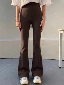 DAZY Spring Summer Slim Fit Solid Color Long Flare Leggings - Brown - View 3