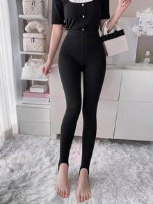 DAZY Solid Thermal Lined Leggings Tights - Black - View 8