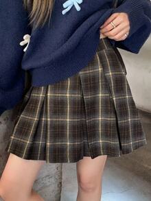 DAZY Women's Pleated Plaid A-Line Skirt, Academic Style Fall - Khaki - View 2