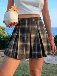 DAZY Women's Pleated Plaid A-Line Skirt, Academic Style Fall - Khaki - View 7