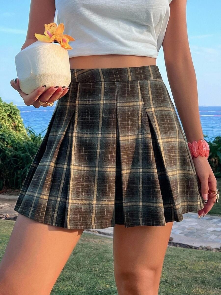 DAZY Women's Pleated Plaid A-Line Skirt, Academic Style Fall - Khaki - View 1