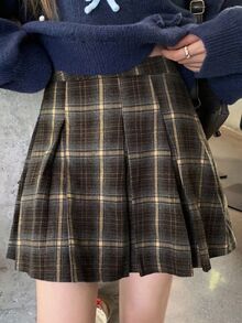 DAZY Women's Pleated Plaid A-Line Skirt, Academic Style Fall - Khaki - View 3