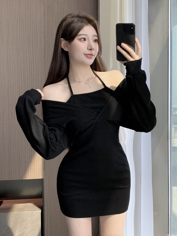 DAZY Solid Halter Bodycon Dress,Fall Clothes Long Sleeve Dress - Black - View 7