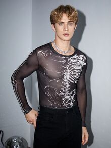 AXEPEAK Men T-Shirts Crew Neck Long Sleeve Graphic Tee Goth Punk See Through Top, Summer, For Fall - Black and White - View 3