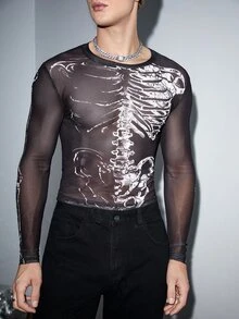 AXEPEAK Men T-Shirts Crew Neck Long Sleeve Graphic Tee Goth Punk See Through Top, Summer, For Fall - Black and White - View 6