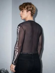 AXEPEAK Men T-Shirts Crew Neck Long Sleeve Graphic Tee Goth Punk See Through Top, Summer, For Fall - Black and White - View 2