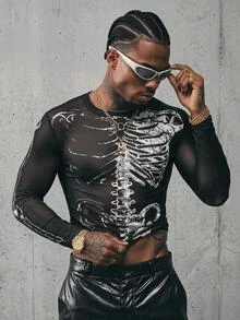 AXEPEAK Men T-Shirts Crew Neck Long Sleeve Graphic Tee Goth Punk See Through Top, Summer, For Fall - Black and White - View 1
