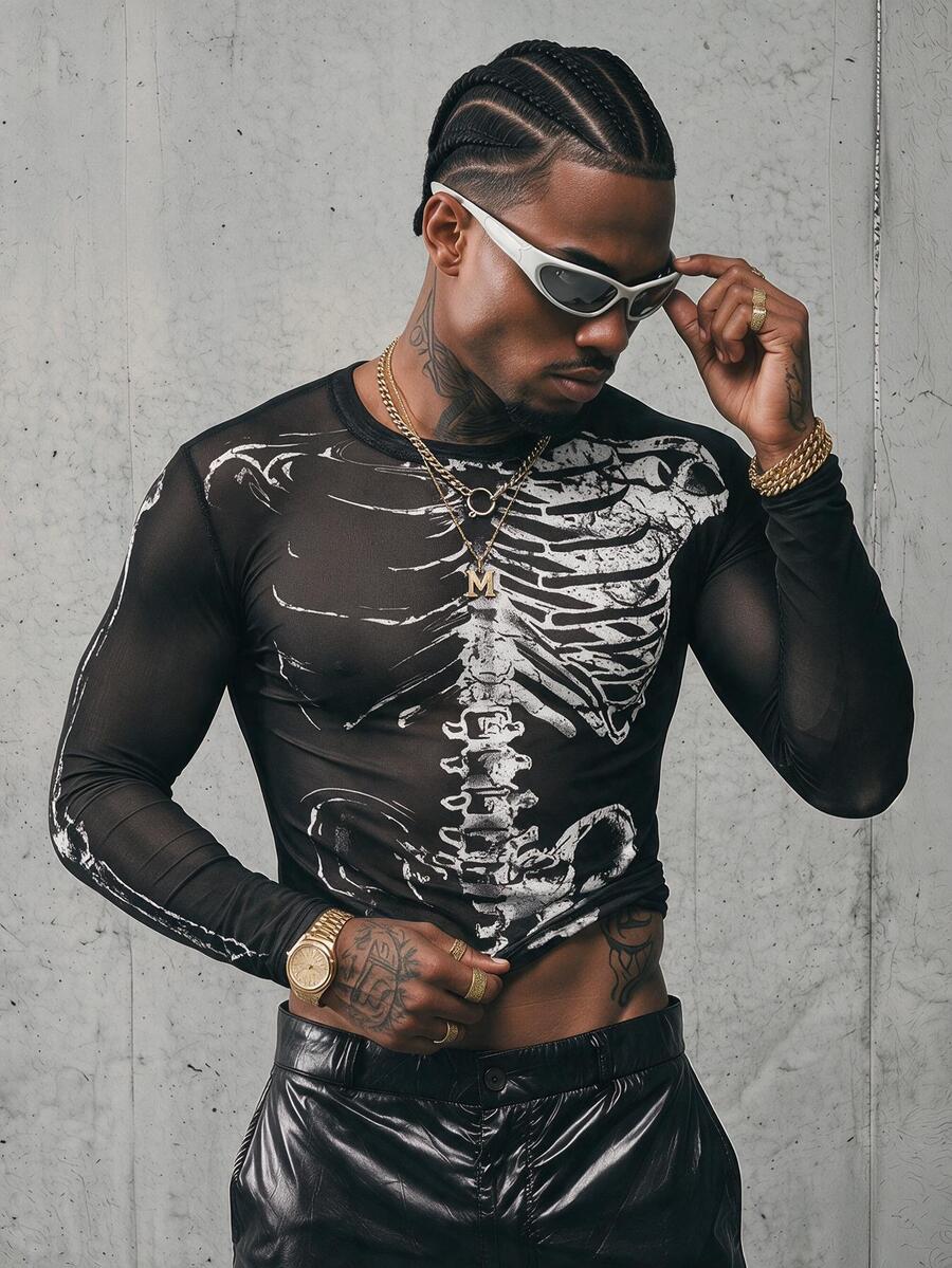 AXEPEAK Men T-Shirts Crew Neck Long Sleeve Graphic Tee Goth Punk See Through Top, Summer, For Fall - Black and White - View 1
