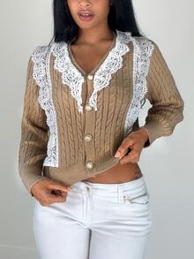 Selianne Women's Soft Lace Patchwork Long Sleeve Knit Cardigan - Khaki - View 4