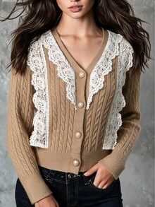 Selianne Women's Soft Lace Patchwork Long Sleeve Knit Cardigan - Khaki - View 5