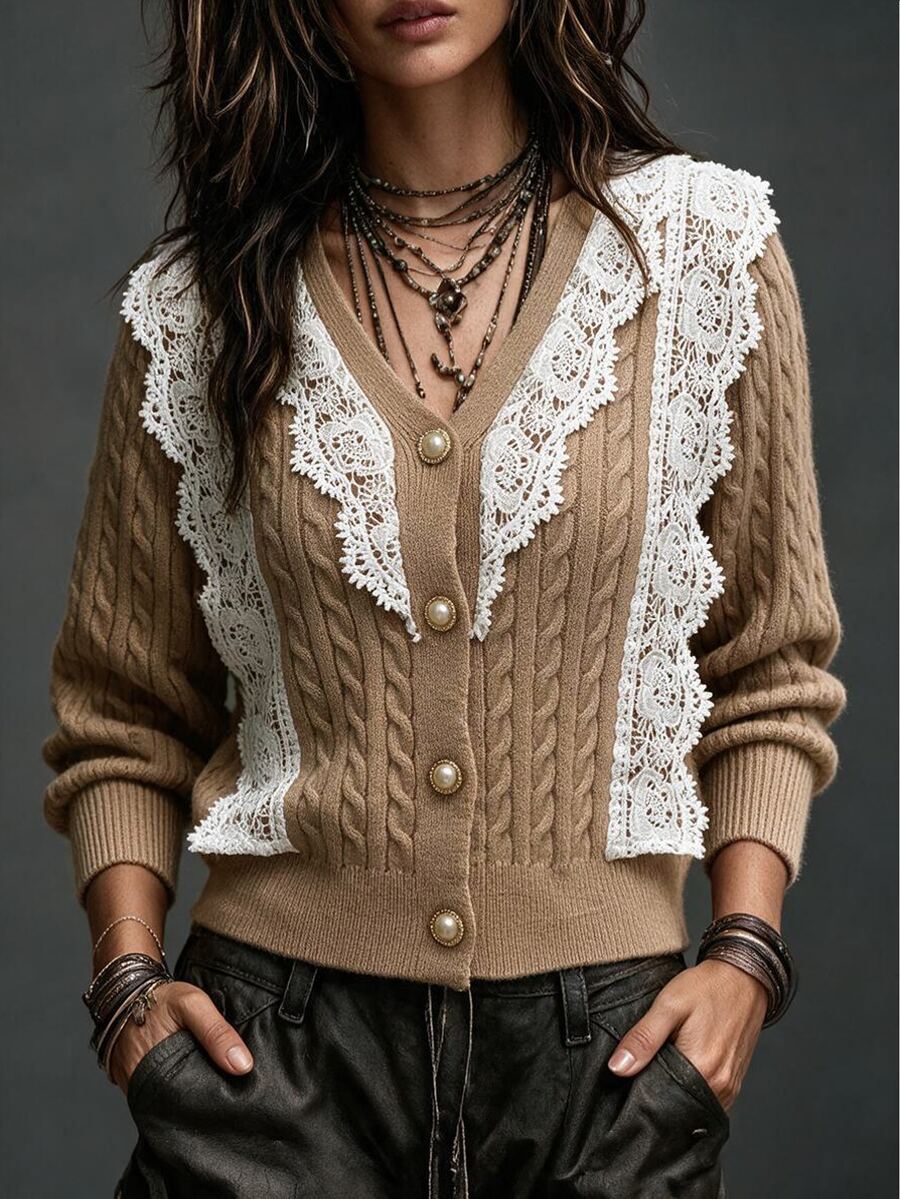 Selianne Women's Soft Lace Patchwork Long Sleeve Knit Cardigan - Khaki - View 1