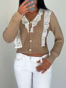 Selianne Women's Soft Lace Patchwork Long Sleeve Knit Cardigan - Khaki - View 2
