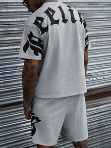 SLATEMANN Men's Summer Casual Letter Print T-Shirt And Shorts Set, Holiday - Grey - View 2