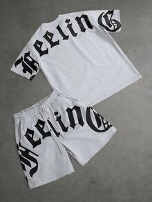 SLATEMANN Men's Summer Casual Letter Print T-Shirt And Shorts Set, Holiday - Grey - View 4