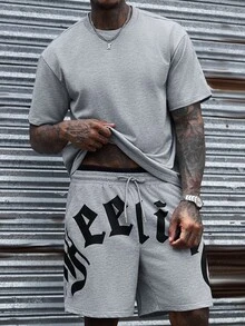 SLATEMANN Men's Summer Casual Letter Print T-Shirt And Shorts Set, Holiday - Grey - View 3