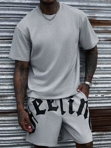 SLATEMANN Men's Summer Casual Letter Print T-Shirt And Shorts Set, Holiday - Grey - View 7