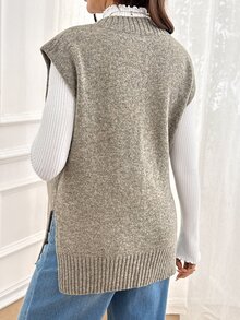 SHEIN Maternity Casual Side Slit Knit Vest, Autumn/Winter - Khaki - View 7