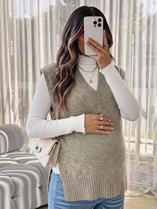 SHEIN Maternity Casual Side Slit Knit Vest, Autumn/Winter - Khaki - View 2