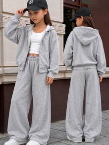 SHEIN Tween Girls Autumn Outfits Tops 2pcs Grey White Tracksuit Set Cropped Zip Up Hoodie Pockets Wide Leg Sweatpants Letter Elastic Athletic Off Campus - Grey - View 1