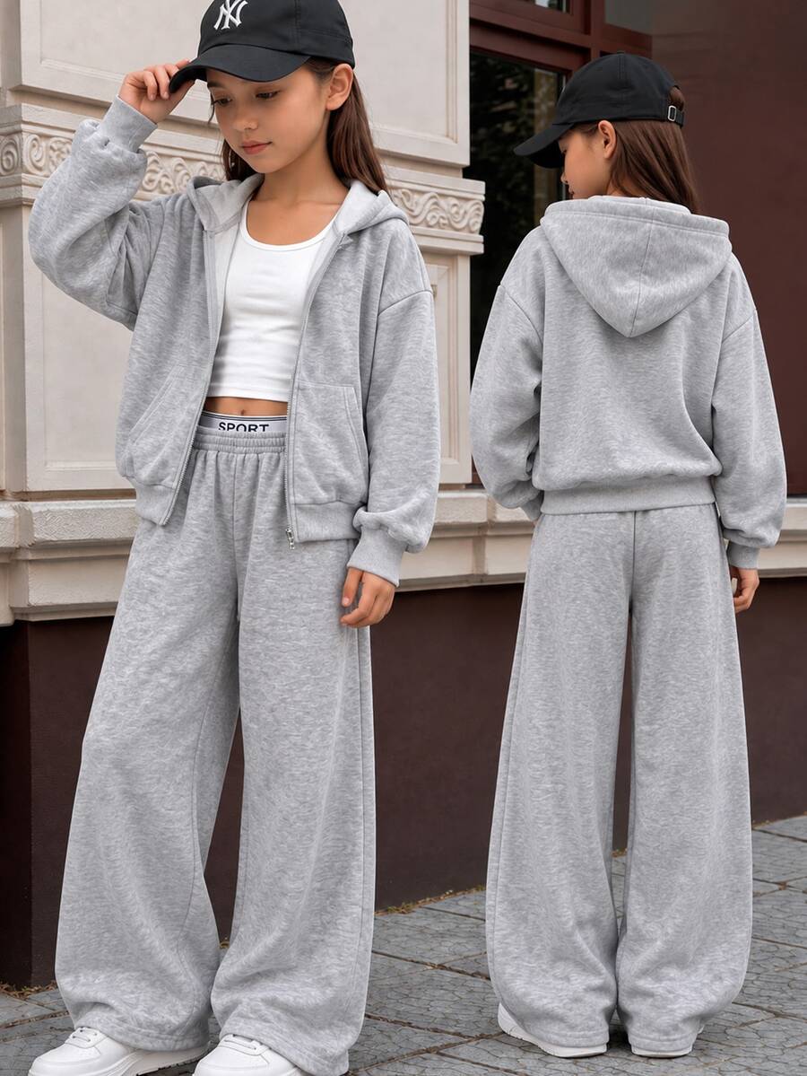 SHEIN Tween Girls Autumn Outfits Tops 2pcs Grey White Tracksuit Set Cropped Zip Up Hoodie Pockets Wide Leg Sweatpants Letter Elastic Athletic Off Campus - Grey - View 1
