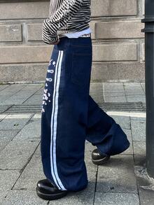 Streetwear Retro Fashion Distressed Washed Rivet Embroidery Striped Design Loose Straight Leg Wide Leg Casual Denim Jeans (Belt And Accessories Not Included) - Dark Wash - View 5