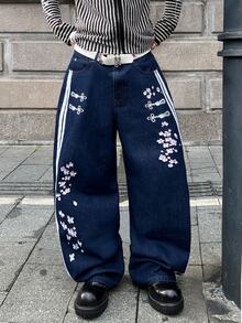 Streetwear Retro Fashion Distressed Washed Rivet Embroidery Striped Design Loose Straight Leg Wide Leg Casual Denim Jeans (Belt And Accessories Not Included) - Dark Wash - View 3