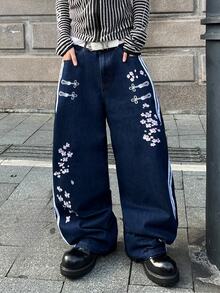Streetwear Retro Fashion Distressed Washed Rivet Embroidery Striped Design Loose Straight Leg Wide Leg Casual Denim Jeans (Belt And Accessories Not Included) - Dark Wash - View 1
