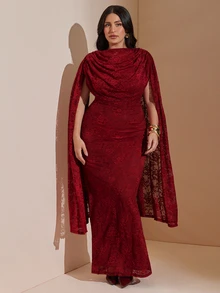 SHEIN BAE CURVE 大尺碼女款優雅酒紅色正式長禮服，適合婚禮賓客或晚宴場合，特色為垂墜層次領口與流暢裙擺 - 酒紅色 - 查看 7