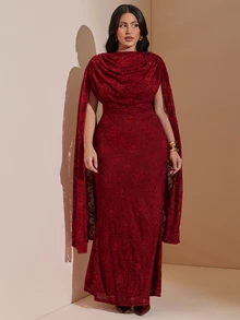 SHEIN BAE CURVE 大尺碼女款優雅酒紅色正式長禮服，適合婚禮賓客或晚宴場合，特色為垂墜層次領口與流暢裙擺 - 酒紅色 - 查看 6