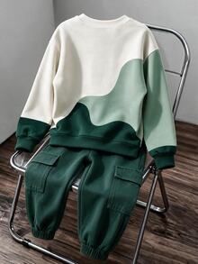 Boys' Sweatshirt Set, Three-Color Patchwork Digital Print Crew Neck Sweatshirt, Paired With Solid Color Cargo Pants, Suitable For Indoor And Outdoor Wear In Autumn And Winter - Multicolor - View 2