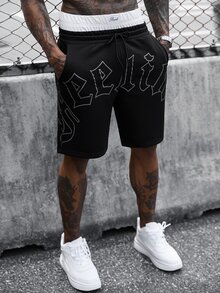 SLATEMANN Men's Drawstring Waist Pocket Letter Print Casual Versatile Daily Travel Shorts, Holiday - Black - View 5