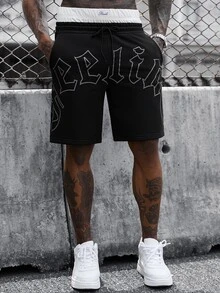 SLATEMANN Men's Drawstring Waist Pocket Letter Print Casual Versatile Daily Travel Shorts, Holiday - Black - View 4