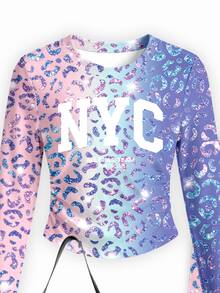 Tween Girls Leopard Print NYC Letter Long Sleeve Top & Wide Leg Pants Set, Sparkle Pink Fall Outfit, 2 Pcs - Multicolor - View 5