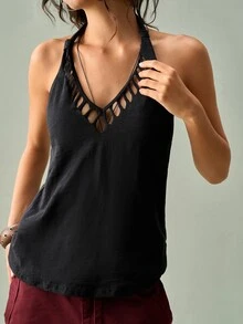 SoleilVie Women's Solid Color Halter Casual Versatile Daily Wear Top - Black - View 6