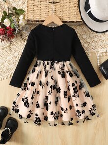 Young Girl Autumn/Winter Black Square Neck Patchwork Vintage Tulle Ruched Princess Dress, (With Belt), Suitable For Birthday Party, Stage Performance, Daily Wear, Halloween, Christmas - Black - View 2