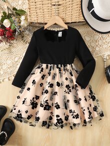Young Girl Autumn/Winter Black Square Neck Patchwork Vintage Tulle Ruched Princess Dress, (With Belt), Suitable For Birthday Party, Stage Performance, Daily Wear, Halloween, Christmas - Black - View 5
