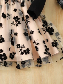 Young Girl Autumn/Winter Black Square Neck Patchwork Vintage Tulle Ruched Princess Dress, (With Belt), Suitable For Birthday Party, Stage Performance, Daily Wear, Halloween, Christmas - Black - View 3