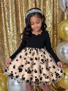 Young Girl Autumn/Winter Black Square Neck Patchwork Vintage Tulle Ruched Princess Dress, (With Belt), Suitable For Birthday Party, Stage Performance, Daily Wear, Halloween, Christmas - Black - View 1