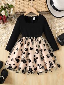 Young Girl Autumn/Winter Black Square Neck Patchwork Vintage Tulle Ruched Princess Dress, (With Belt), Suitable For Birthday Party, Stage Performance, Daily Wear, Halloween, Christmas - Black - View 4