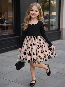 Young Girl Autumn/Winter Black Square Neck Patchwork Vintage Tulle Ruched Princess Dress, (With Belt), Suitable For Birthday Party, Stage Performance, Daily Wear, Halloween, Christmas - Black - View 6