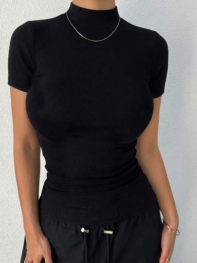 DAZY Camiseta Preta Ajustada de Manga Curta com Gola Padre, Cor Sólida Simples, Uso Casual e Diário, Verão