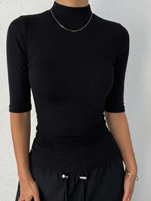 DAZY Women's Turtleneck Slim Fit Short Sleeve T-Shirt - Black - View 4