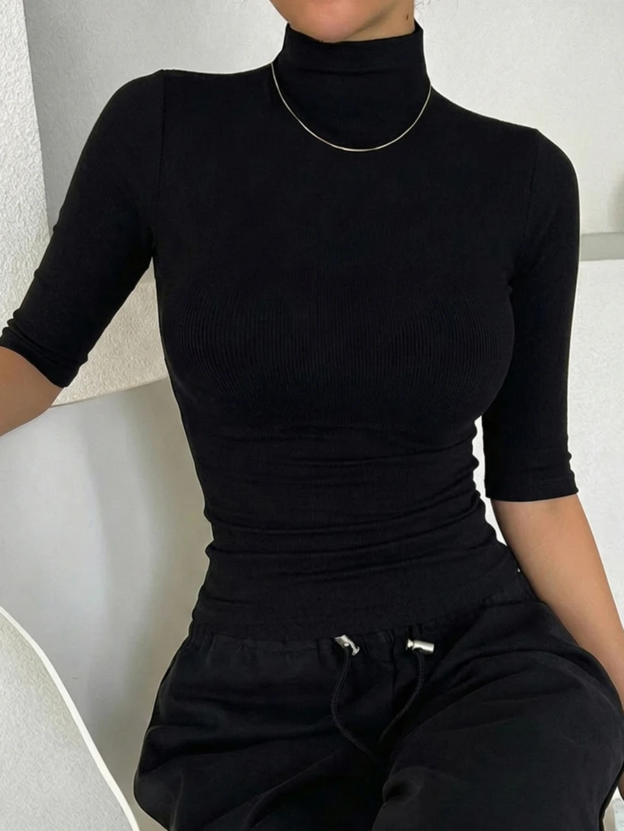 DAZY Women's Turtleneck Slim Fit Short Sleeve T-Shirt - Black - View 1