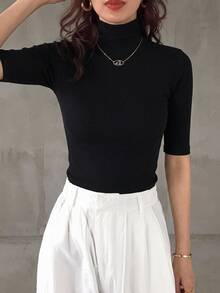 DAZY Women's Turtleneck Slim Fit Short Sleeve T-Shirt - Black - View 3