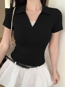 DAZY 女式纯色修身休闲短袖T恤，黑色上衣 - 黑色 - 查看 6