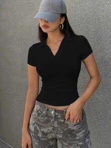 DAZY 女式纯色修身休闲短袖T恤，黑色上衣 - 黑色 - 查看 3