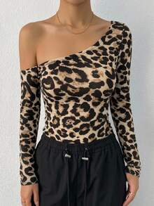 Dazy Star Women's Leopard Print Long Sleeve Asymmetrical Shoulder Fitted T-Shirt - Multicolor - View 13